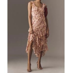 By Anthropologie Cowl-Neck Ruffle Midi Dress Pink Floral Size Large NEW
